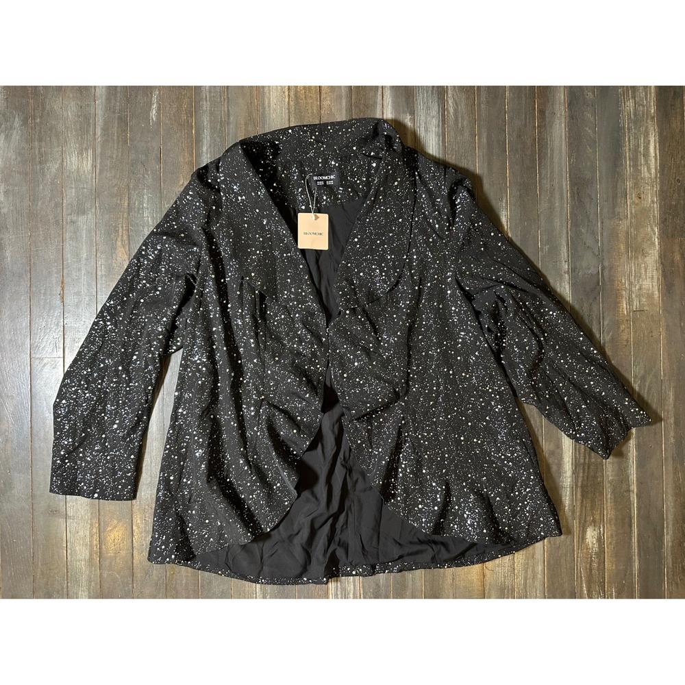 Bloomchic Womens Plus Size Black Metallic Splatter Print Ruffle Open Blazer NWT